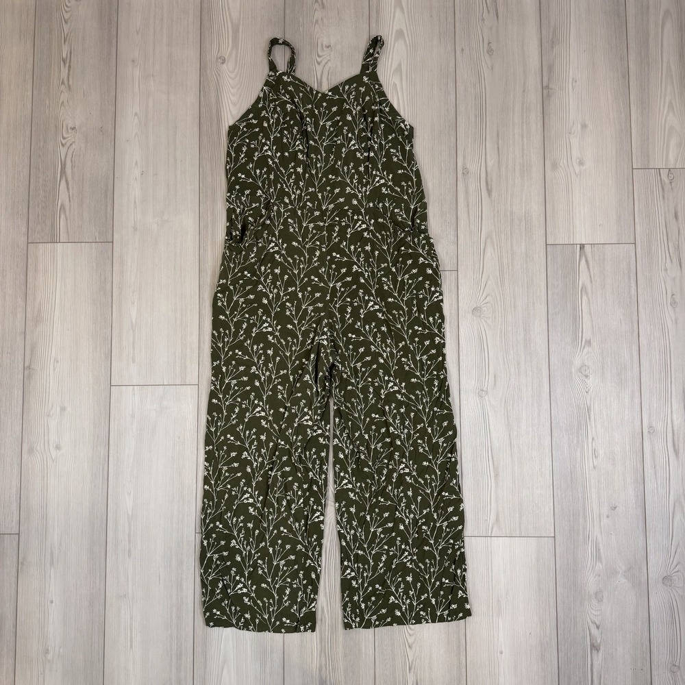 41 Hawthorne 1X Green Floral‎ Smocked Wide Leg Jumpsuit Women's